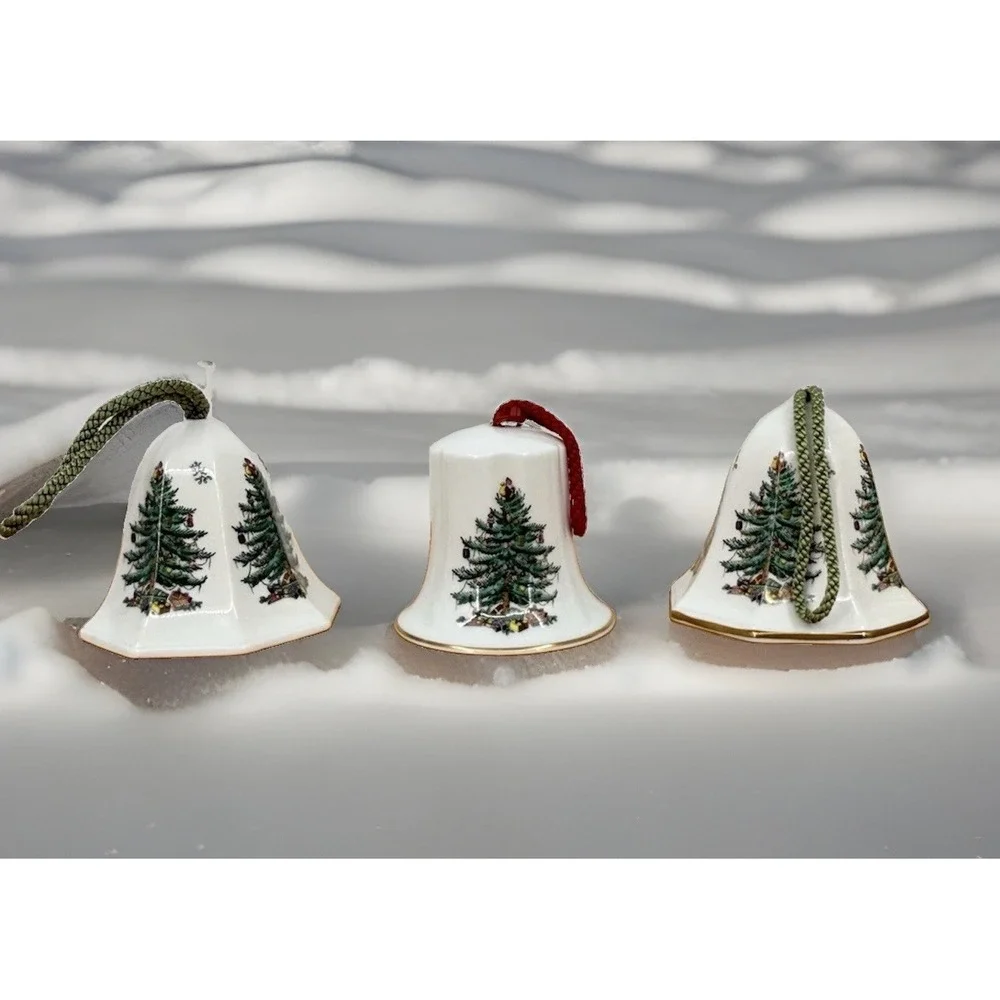Spode Fine Bone China England Merry Christmas Hanging Bell Ornaments Set of 3